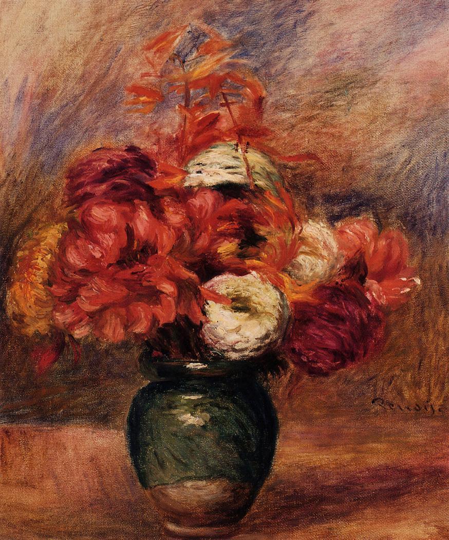 Flowers in a Green Vase Dahlilas and Asters - Pierre-Auguste Renoir painting on canvas